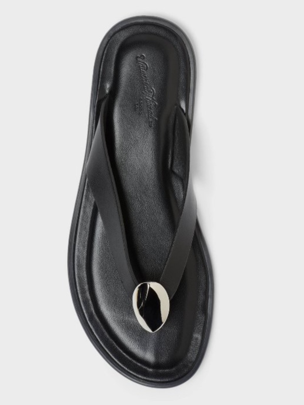 Womens Black Leather Toe-Ring Flip Flop with Metallic Accent. NEVER WORN